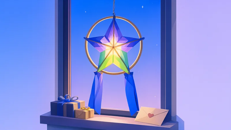 A glowing Filipino star lantern in a window at dusk, with wrapped gifts and an envelope on the sill below.