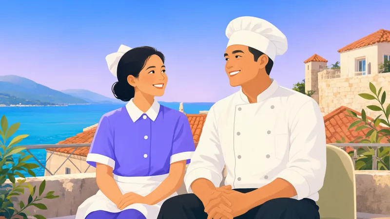 A chef and a hotel housekeeper on a sunny terrace overlooking a Croatian coastal town.