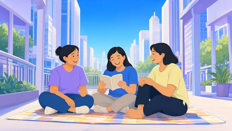 Three domestic workers relaxing together on their rest day in Hong Kong, one reading a small booklet.