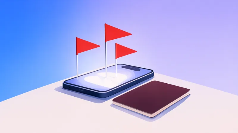 A phone on a table with three red warning flags rising from its screen, beside a passport.