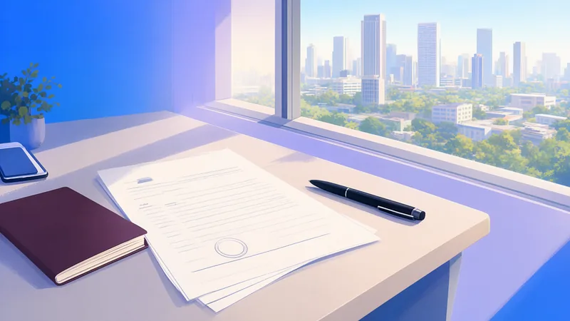 A passport, a stamped employment contract, a pen and a phone on a desk by a window overlooking a city.