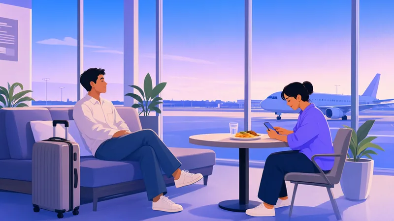 A quiet airport lounge at dusk where travellers rest, eat and charge their phones before a flight.