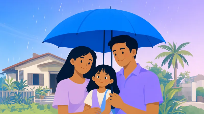 A family of three sheltering together under a large blue umbrella in light rain outside their home.