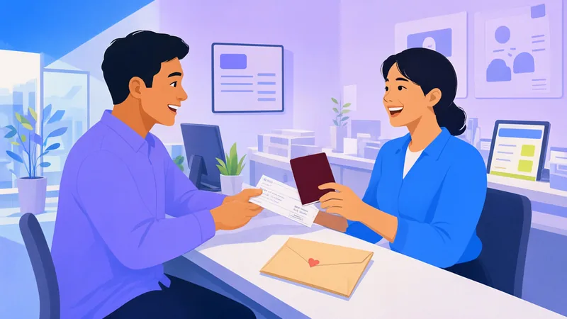 A man handing his passport and a payslip to a smiling teller at a remittance counter, with a heart-sealed envelope between them.