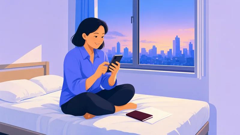 A worker on her day off renewing a membership on her phone, with her passport and papers beside her.