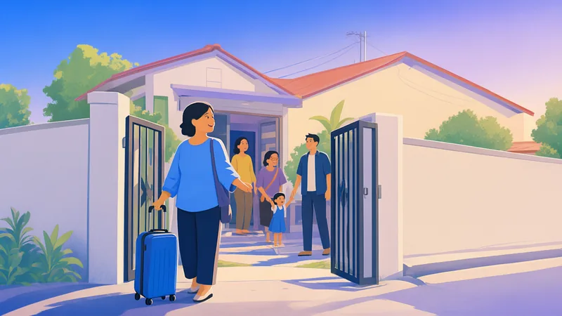 A returning OFW with a suitcase greeted by her family at the gate of her home.