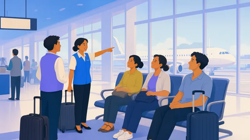 A welfare officer in an airport hall points through the tall windows towards a plane, as travellers wait nearby with their bags.