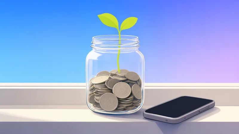 A glass jar of coins on a windowsill with a small green sprout growing out of it.