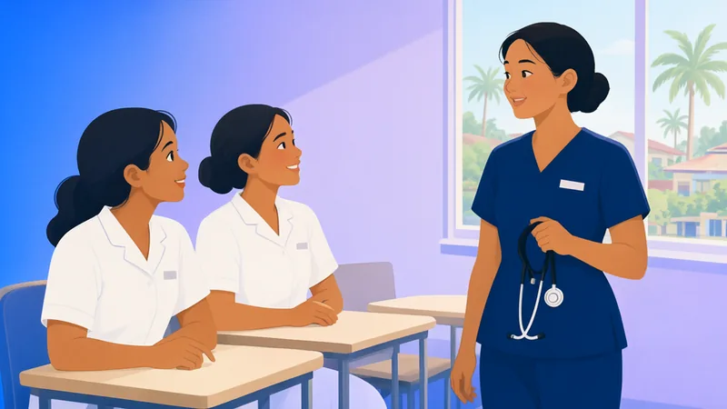 A nurse educator holding a stethoscope talks with two nursing students at their desks in a bright classroom.