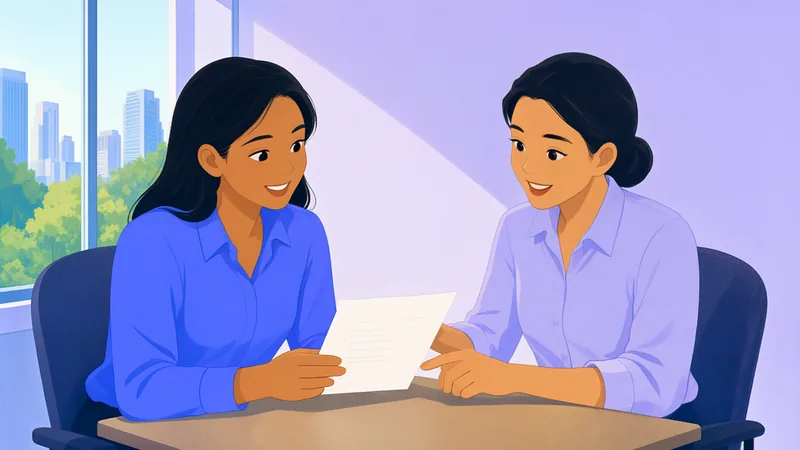 A worker going through a document with a friendly adviser in a bright meeting room.