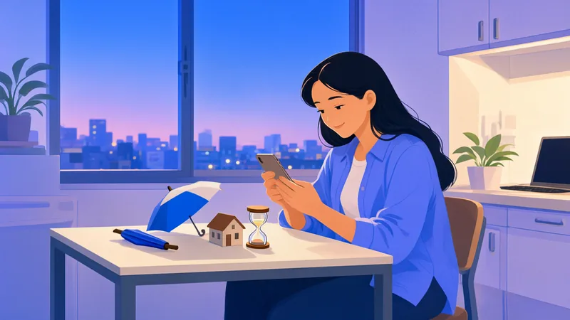 A woman at a kitchen table at dusk, checking her phone beside a small umbrella, a miniature house and an hourglass.