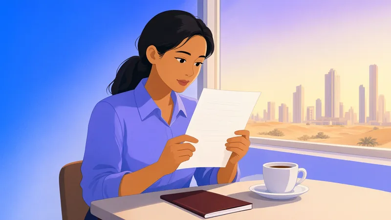 A worker at a table reviewing a document, with her passport beside her and a city view behind.