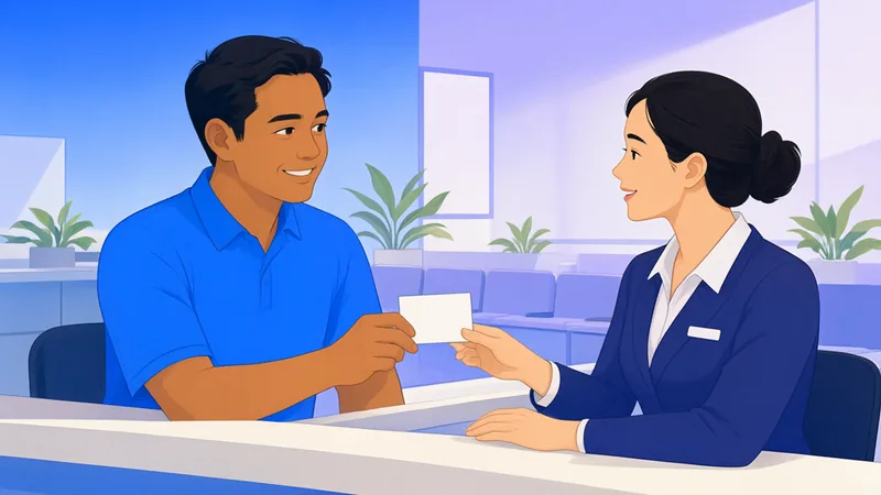 A worker receiving his renewed ID card from an officer at a bright service centre.