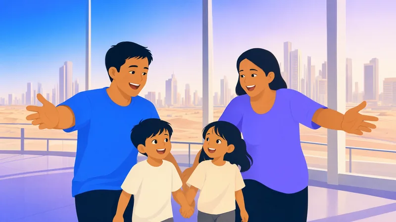 Parents opening their arms to welcome their two young children at a bright airport in the UAE.