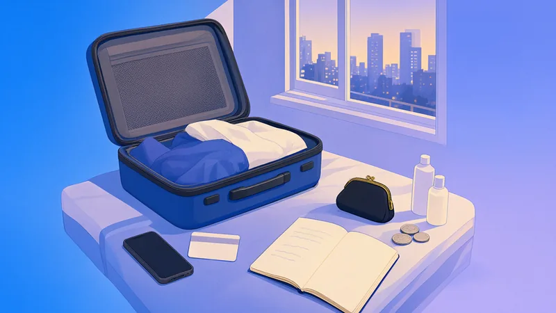A half-unpacked suitcase on a narrow bed, with a phone, a transit card, a coin purse and a notebook laid out beside it.