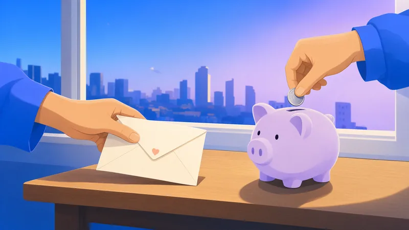 Two hands at a table: one slides an envelope sealed with a heart, the other drops a coin into a small piggy bank.