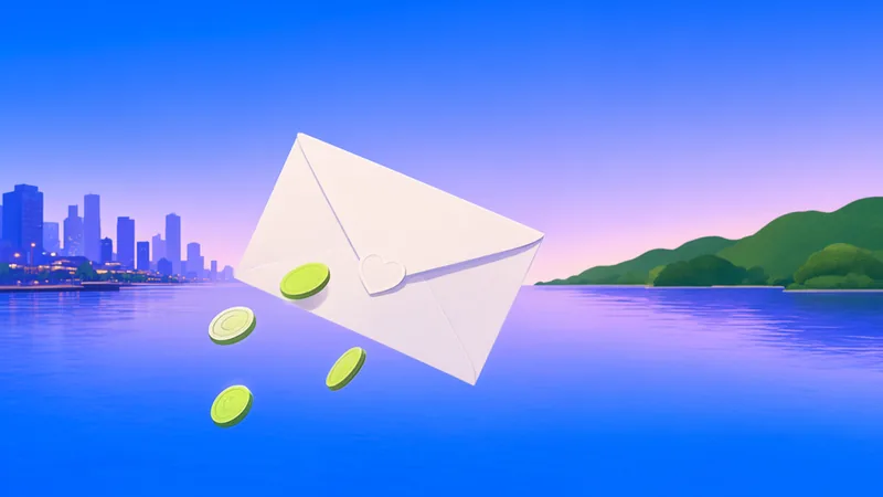 An envelope flying over the sea toward green islands, with a few coins slipping out and falling into the water.